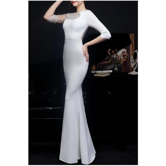 White Evening Gown Lace & Crystal Half Trumpet Dress Floor Length Formal Dress - Picture 2 of 6